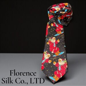 Florence Silk Co. LTD Surfing Santa Tie Vintage Christmas Necktie Black Holiday